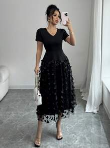 Chiquease Rochie neagră elegantă de damă, de lungime medie, ocazională, simplă și la modă, pentru purtarea zilnică - Negru - Vizualizare 1