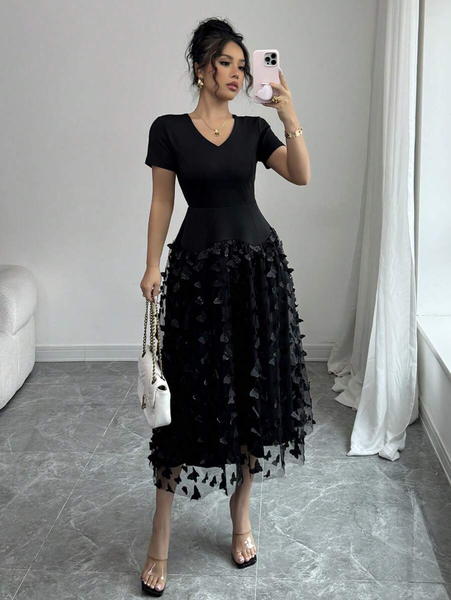 Chiquease Váy đen dài vừa phải thanh lịch dành cho nữ, đơn giản và thời trang để mặc hàng ngày - màu đen - Xem 1