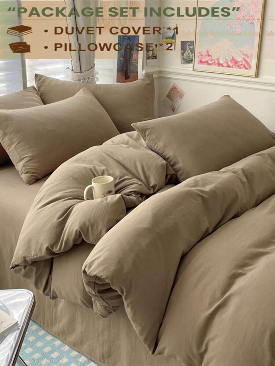 3pcs Coffee Color Comfortable Dorm Bedding Set, 1 Duvet Cover, 2 Pillow Shams Without Filler, Machine Washable