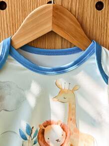 SHEIN 3 Stücke Neugeborenen-Set mit süßem Aquarell-Tierdruck von Giraffe, Elefant, Löwe und Nashorn, bestehend aus Jumpsuit-Romper und Hut, Kurzarm, geeignet für Frühling/Sommer Alltagsmode und Lässig Wear