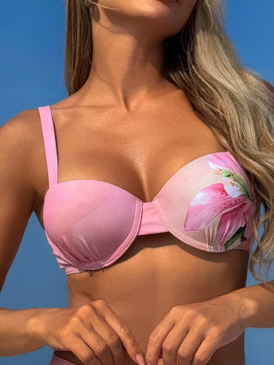 SHEIN Swim 女式花卉印花钢圈比基尼上衣，适合夏季度假海滩装，多色 - 粉色 - 查看 1