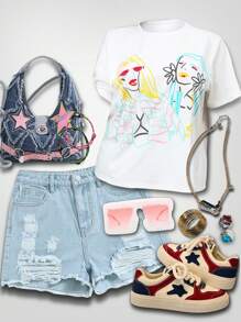 Slaydiva Plus Size Summer 2025 New Style Casual White Short Sleeve All-Match Versatile Abstract Line Pattern Printed T-Shirt