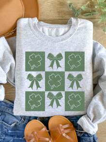 INAWLY Plus Size Women Bow Print Round Neck Thermal Lined Long Sleeve Sweatshirt, Autumn/Winter Pullover Fall