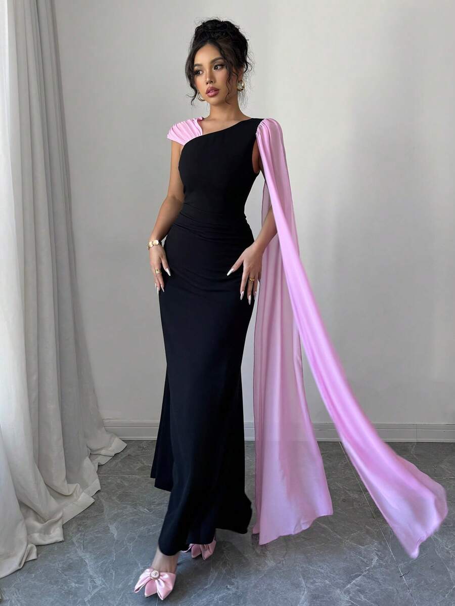 Elenzga Vestido elegante y de moda para mujer con cintura ceñida, asimétrico y de contraste de color en gasa, con capa en los hombros, ideal para fiestas y días festivos - Negro - Ver 1