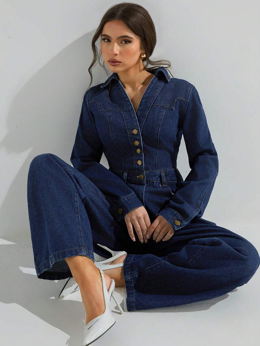 Athîral Bộ đồ liền thân denim tối màu phong cách cao bồi miền Tây dành cho phụ nữ - Màu xanh lam - Xem 1