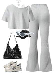 SHEIN 2pcs Set Teen Girls Fashionable Street Style Simple Elegant Comfortable Asymmetrical Shoulder Short Sleeve Crop Top And Casual Pants, Suitable For Casual Outings