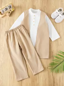 SHEIN 3pcs Set Toddler Boys Casual Robe Style Collared Shirt, Solid Color Pants Outfit, Suitable For Kids Outfits, Back To School, Birthday Parties, Evening Events, Performances, Weddings, School Commencements, Daily Wear, Spring, Summer - Khaki - View 4