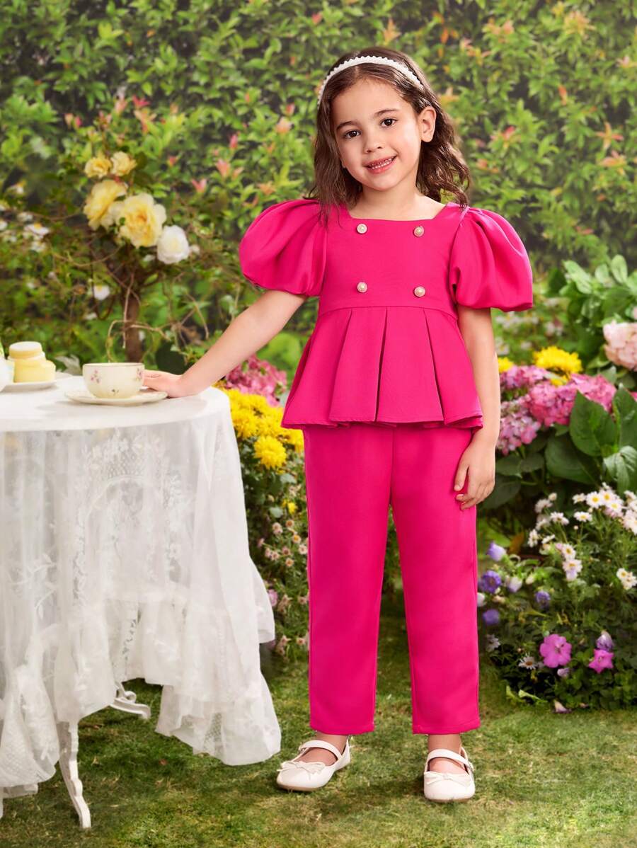 2 Pieces Set: Woven Solid Square Neck Puff Sleeve Blouse + Fitted Woven Long Pants, For Young Girl