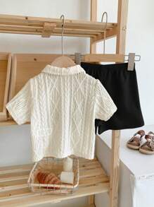 SHEIN LMoss Kids LMoss 男婴夏季可爱纯色针织提花短袖 Polo 衫和松紧腰纯色短裤 2 件套 - 彩色 - 查看 2