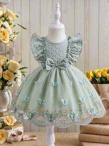 SHEIN Glamorique Kids Baby Girl Elegant Bow & Ruffled Mesh Jacquard Dress,Baby Girl Infant Toddler Princess Dress,Doll Dress,Summer