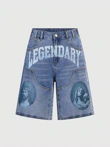 ROMWE MEN Street Life 男士宗教字母印花贴袋宽松休闲百搭牛仔短裤