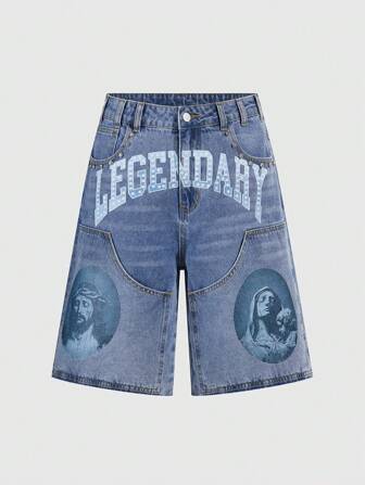 Goth Shorts en jean amples, décontractés et polyvalents pour hommes avec imprimé de lettre religieuse et poche appliquée