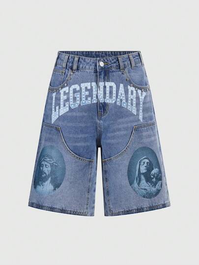 Goth Men's Religious Letter Print Patch Pocket Loose Casual Versatile Denim Shorts Jorts