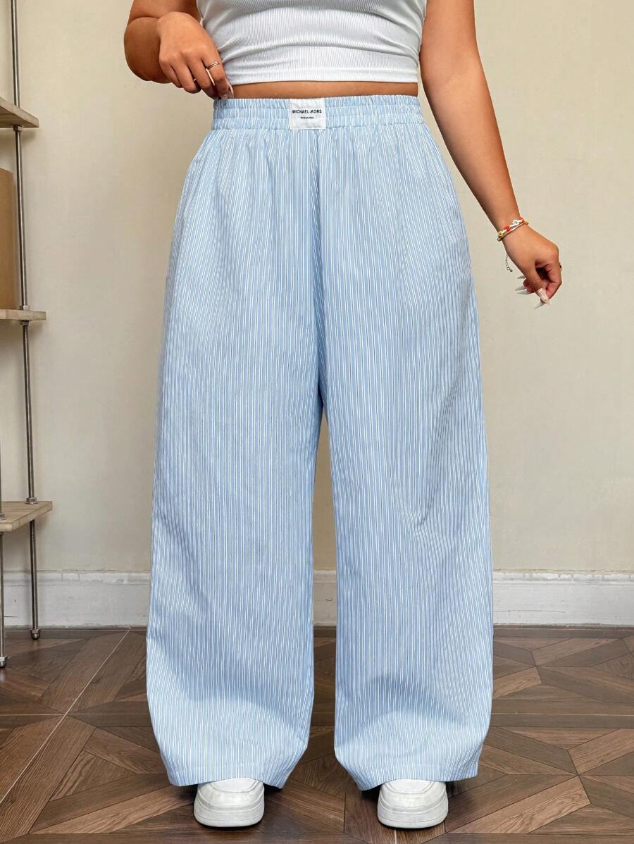 SHEIN EZwear Plus Size Casual Loose Striped Wide-Leg Pants