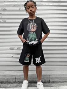 SHEIN Tween Boys Casual All-Match Versatile American Boy Portrait Graphic Loose Fit Round Neck T-Shirt + Sports Shorts Black 2 Pieces Set