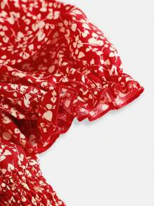 SHEIN Leap Crew Vestido de línea A con mangas abullonadas y sin tirantes con estampado floral pequeño para adolescentes, primavera/verano - Rojo - Ver 7