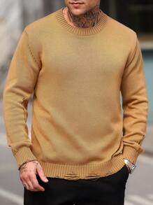 Manfinity Homme Men's Solid Color Crew Neck Long Sleeve Casual Pullover Sweater - Brown - View 6