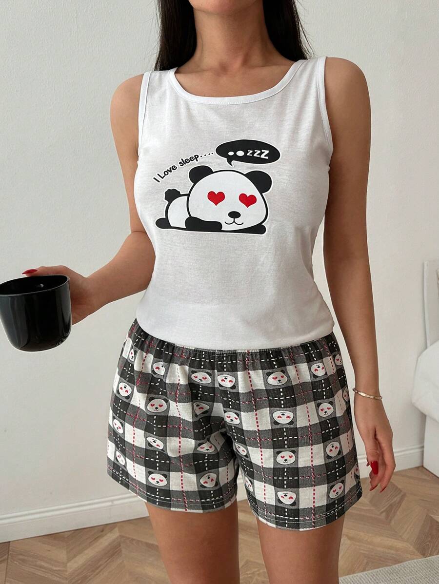 Women's Slogan & Cartoon Print Camisole And Shorts Pajama Set - Multicolor - View 1