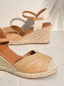 SHUZIA 女士圆头踝带帆布坡跟鞋 - 杏色 - 查看 3