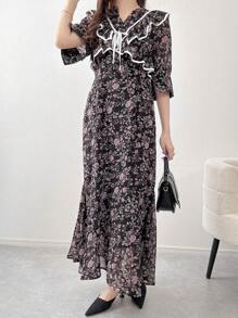 FRIFUL Women's Maxi Floral Romantic Dress, Holiday Style, Spring/Fall Long Sleeve Dress Boho Vacation Outfits Women - Black - View 2