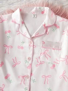 2pcs/Set Teen Girls Casual Cherry & Bow Print Polo Collar Short Sleeve Top With Shorts Loungewear Set, Comfortable