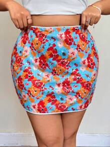 SHEIN EZwear Minifalda ajustado con estampado floral para mujer de talla grande - Multicolor - Ver 1