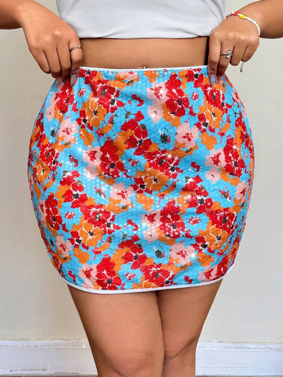 SHEIN EZwear Minifalda ajustado con estampado floral para mujer de talla grande - Multicolor - Ver 1