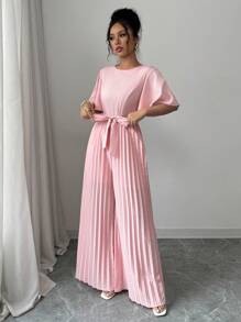 Elenzga 女士优雅时尚短袖圆领收腰蝴蝶结褶边阔腿连体裤 - 粉色 - 查看 7