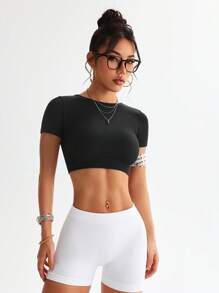 SHEIN Sports Top de sport récolté femme avec dos croisé bicolore - Bleu azur - Voir 2