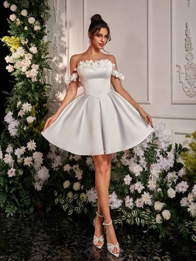 SHEIN Belle Vestido elegante y romántico de encaje con flores 3D en blanco, apropiado para cena, fiesta, cita, vacaciones, boda, evento, vuelta al colegio, graduación, ducha nupcial. Vestido blanco de graduación, vestido de novia