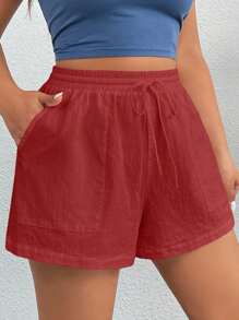 Solflare 勃艮第色编织运动风格大码女式短裤 - 酒紅色 - 查看 5