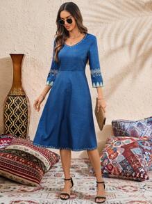 EMERY ROSE Women's V-Neck Printed Casual Dress, Simplistic For Everyday Wear