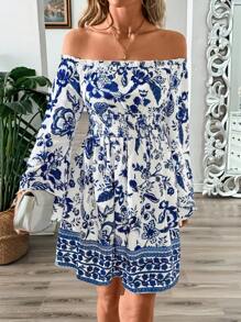 SHEIN Clasi Elegant Women Off Shoulder Frill Trim Flounce Sleeve Bell SleevesBlue And White Positioning Flower Print Bohemian Dress,Suitable For Various Occasions Such As Music Festivals, Vacations, And Daily Wear, Etc - Multicolor - View 2