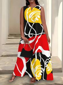 Maweii 大码夏季随机花卉印花中长连衣裙、度假、春装、夏季女装、长裙 - 彩色 - 查看 4