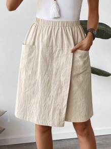 Faunlyn Quần culottes lưng thun co giãn màu trơn đơn giản cho nữ - Màu be - Xem 7