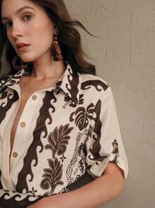 Anewsta Bohemian Style Women Solid Color Printed Casual Shirt, Summer, Elegant, Casual