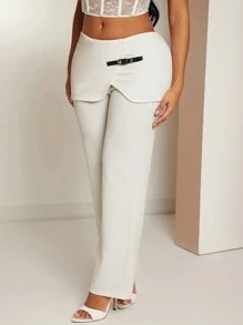 SHEIN SXY Spring/Summer Valentine's Day Wedding Season Guests Wear White High-Stretch Knit Low-Rise Line Wrap Straight Pants With A Belt Embellishing - White - View 3