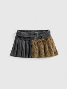 ROMWE Grunge Punk Minifalda de mezclilla desgastada, con parches, plisada, con tachuelas y falso pelo, en estilo vintage y sexy, para conciertos de primavera, festivales y raves - Negro - Ver 1