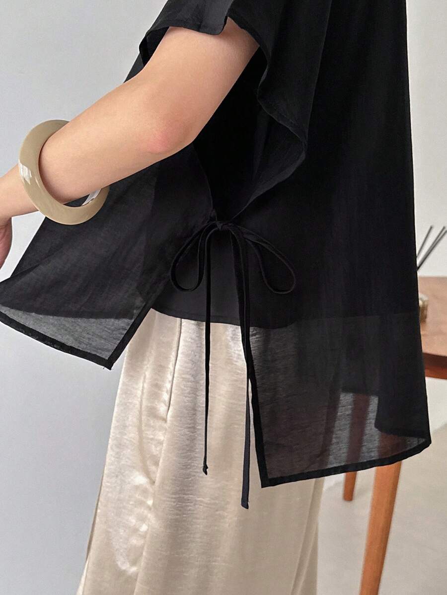 FRIFUL Women's Black Loose Drop Shoulder Shirt, Business Casual Summer - Black - View 1