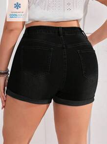 EMERY ROSE Plus Size Women Pocket Cuffed Washed Denim Shorts - Black - View 2