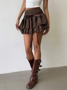 Aloruh 女士性感蕾丝拼布复古皮革褶皱迷你裙 - 棕色 - 查看 3