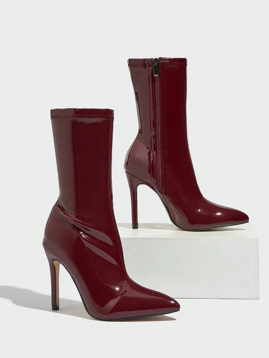 CUCCOO SZL Pointed Toe Elastic Stiletto High Heel Side Zip Patent Leather Sexy Skinny Glossy Ankle Boots For Spring Shoes Spring Break Easter For Christmas Spring Shoes Fall Shoes