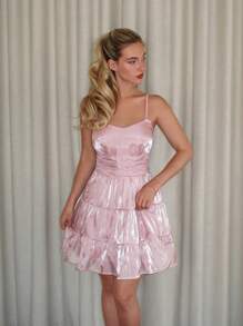SHEIN Glamour Women Elegant Solid Color Slip Dress, Pink Satin Dress, Fairy Core Dress, Pink Tea Party Dress,Dresses For Women,Summer Dresses For Women,Pink Dress,Mini Dress - Khaki - View 3