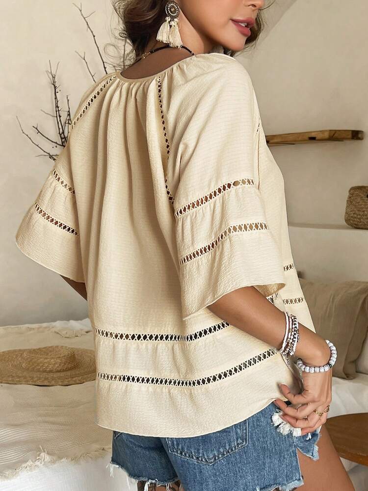 Vacation Beach Hollow Out Jacquard Ruffle Trim Flared Sleeves Patchwork Women's Blouse Cruise Women Boho