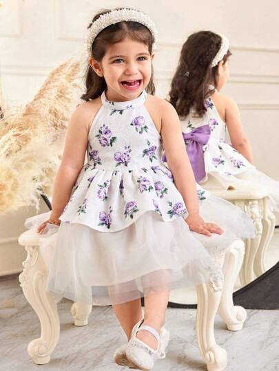 SHEIN Leap Crew 女宝宝修身可爱复古宫廷风圆领3D花朵短袖中长连衣裙