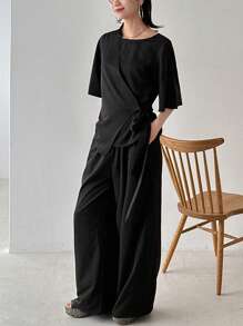 FRIFUL 2pcs Women Set: Cinched Waist T-Shirt And Pants - Black - View 1