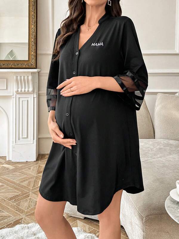 Moonlight & Mama Chiffon Patchwork 3/4 Sleeve Loose Casual Notched Neck Maternity Dress, Comfortable Loungewear