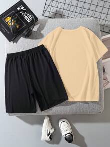 SHEIN 2pcs/Set Tween Boys Casual Minimalist Round Neck Short Sleeve T-Shirt And Shorts Set, Summer - Khaki - View 2