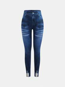 SHEIN Leap Crew Tween Girls Fitted Casual Simple Style Mid-Rise Stretch Denim Effect Skinny Pants - Blue - View 1