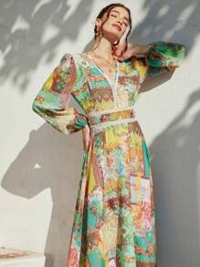 Aveloria Rosie Lace Hollow Floral Print Chiffon Romantic Spring/Summer Dress Boho Vacation Fashionable Style For Spring Fall - Multicolor - View 2